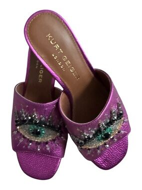 Kurt Geiger London "Olive Eye" purple metallic flat mule sandals JUST Reduced